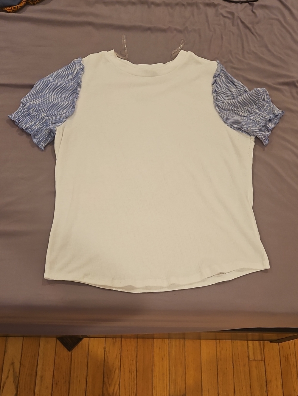 Women's White Tee with Blue Puff Sleeves